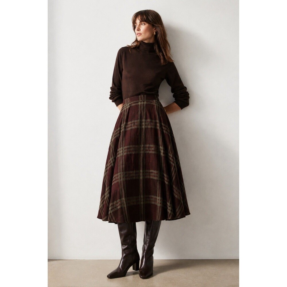 Diane Von Furstenberg Vtg Plaid Wool Pleated Midi Skirt Size 10 Purple Gray